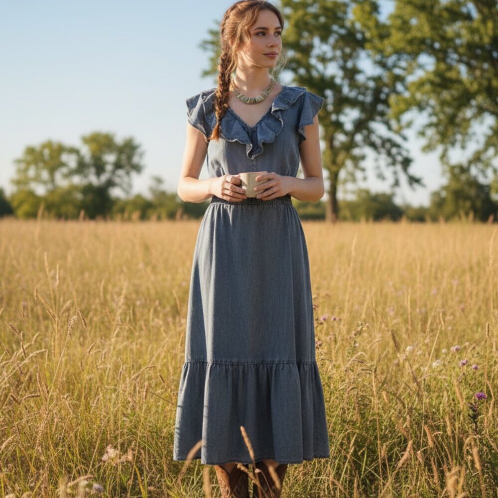 Sexy INC Flutter Sleeve Denim Western Cotton & Linen Dress| Cocktail Party - 10
